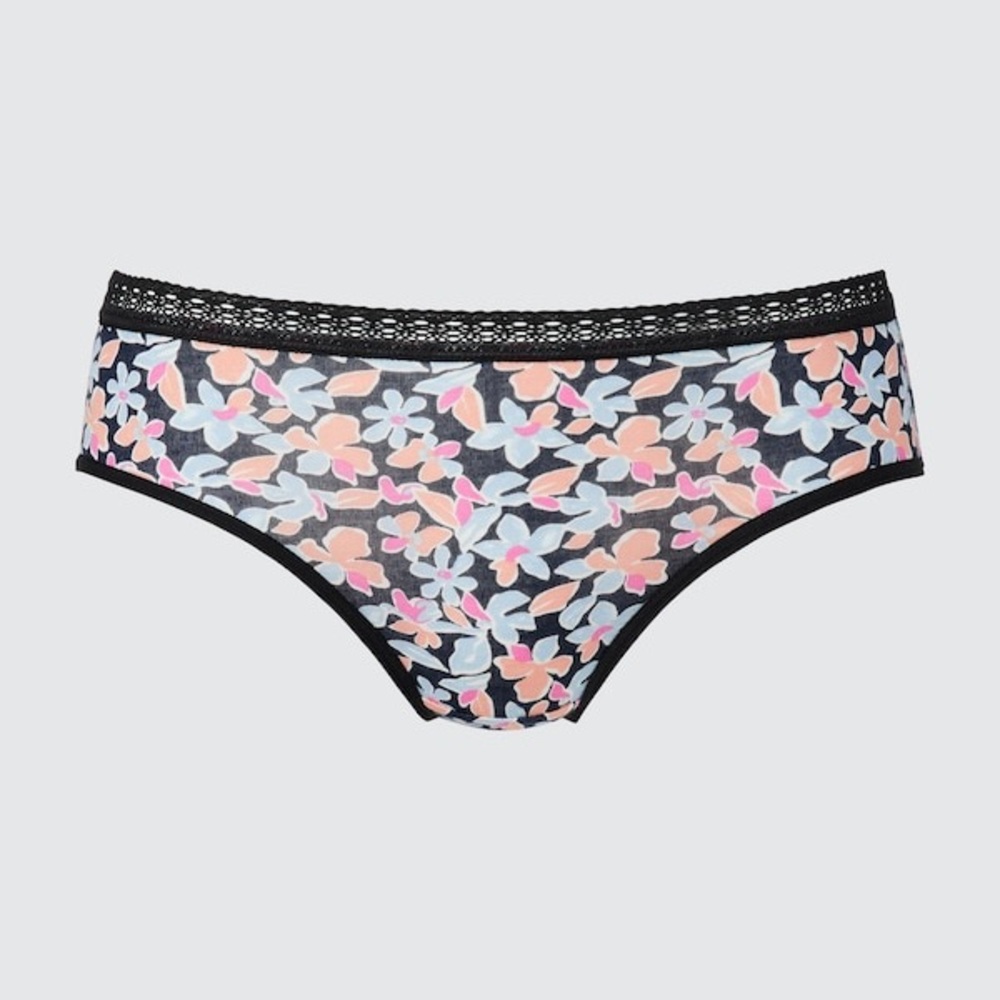 Floral Bikini Panties with Black Lace Trim